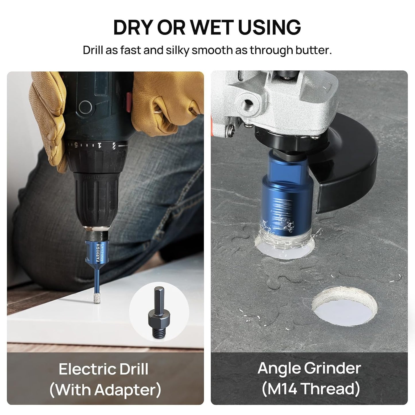 Diamond Core Drill Bits Set 7 Pcs with Adapter, Tile Hole Saw Kit 6/8/10/25/35mm for Porcelain Ceramic Tile Glass Granite, Concrete, M14 Thread for Grinder, 1/4, 5/16, 3/8, 1, 1-3/8 inch