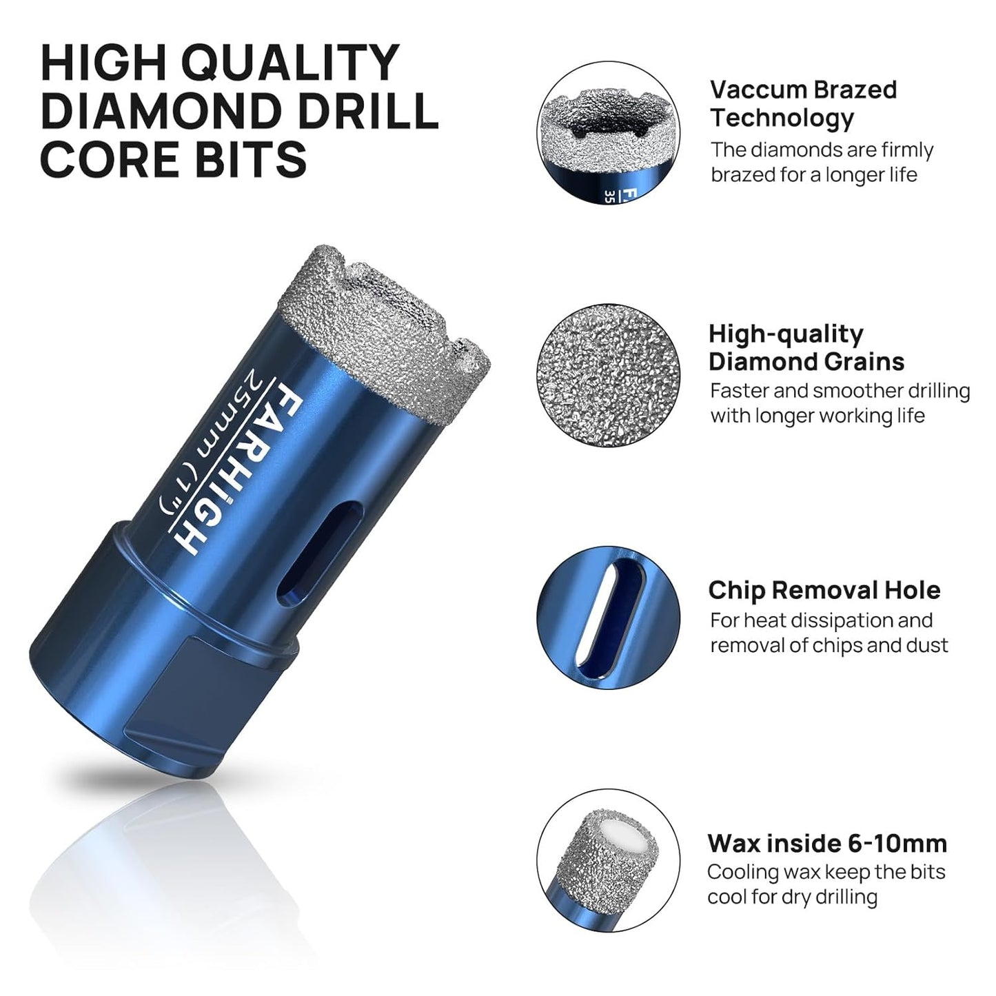Diamond Core Drill Bits Set 7 Pcs with Adapter, Tile Hole Saw Kit 6/8/10/25/35mm for Porcelain Ceramic Tile Glass Granite, Concrete, M14 Thread for Grinder, 1/4, 5/16, 3/8, 1, 1-3/8 inch