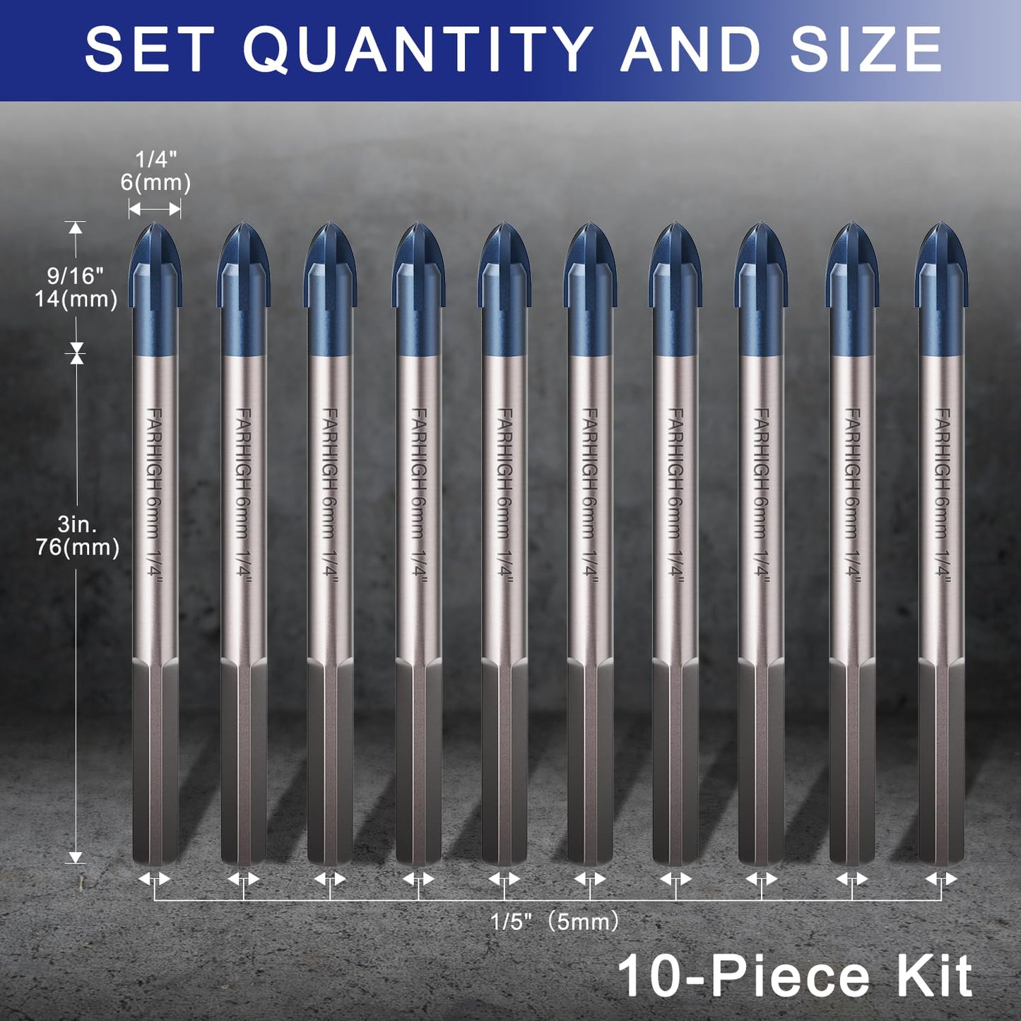 Glass and Tile Drill Bits 10Pcs Set, 1/4" Tungsten & Ti Carbide Tipped Drill Bit for Drilling Holes in Glass, Ceramic, Porclain, Tile, Brick, Wood and Wall
