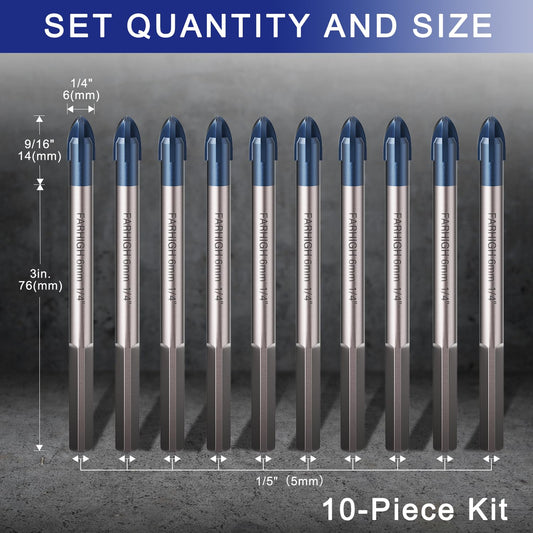 Glass and Tile Drill Bits 10Pcs Set, 1/4" Tungsten & Ti Carbide Tipped Drill Bit for Drilling Holes in Glass, Ceramic, Porclain, Tile, Brick, Wood and Wall