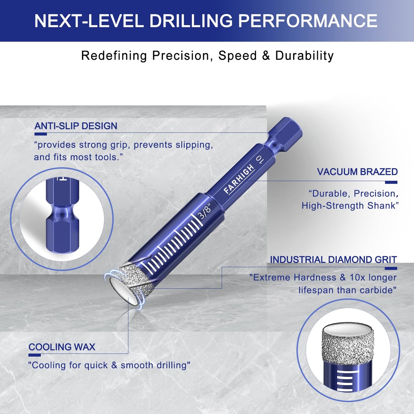 6 Pcs Diamond Drill Bit Set for Porcelain, Ceramic, Tile, Glass, Granite, Concrete, Masonry, Stone, Hex Shank Tile Drill Bits, Premium Industrial Diamond Grit, for Efficient Precise Drilling