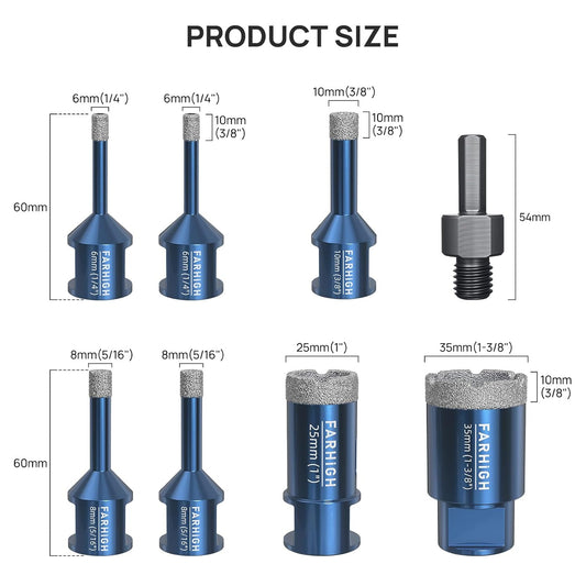Diamond Core Drill Bits Set 7 Pcs with Adapter, Tile Hole Saw Kit 6/8/10/25/35mm for Porcelain Ceramic Tile Glass Granite, Concrete, M14 Thread for Grinder, 1/4, 5/16, 3/8, 1, 1-3/8 inch