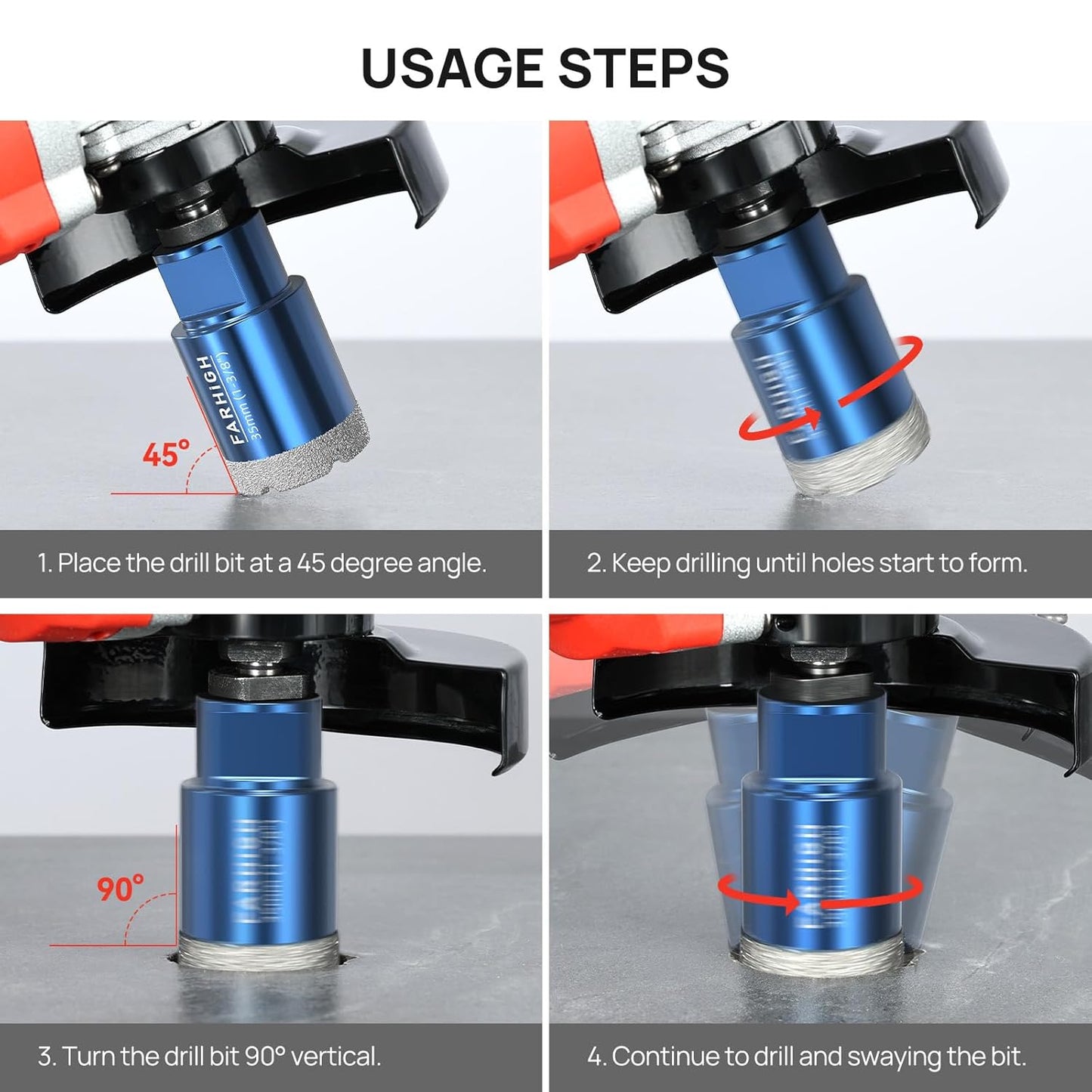Diamond Core Drill Bits Set 7 Pcs with Adapter, Tile Hole Saw Kit 6/8/10/25/35mm for Porcelain Ceramic Tile Glass Granite, Concrete, M14 Thread for Grinder, 1/4, 5/16, 3/8, 1, 1-3/8 inch
