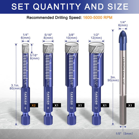 6 Pcs Diamond Drill Bit Set for Porcelain, Ceramic, Tile, Glass, Granite, Concrete, Masonry, Stone, Hex Shank Tile Drill Bits, Premium Industrial Diamond Grit, for Efficient Precise Drilling