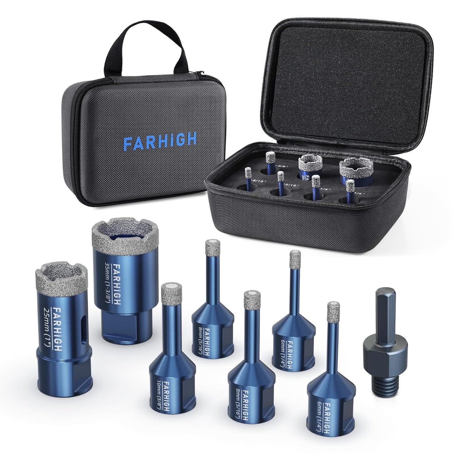 Diamond Core Drill Bits Set 7 Pcs with Adapter, Tile Hole Saw Kit 6/8/10/25/35mm for Porcelain Ceramic Tile Glass Granite, Concrete, M14 Thread for Grinder, 1/4, 5/16, 3/8, 1, 1-3/8 inch