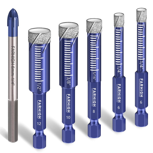 6 Pcs Diamond Drill Bit Set for Porcelain, Ceramic, Tile, Glass, Granite, Concrete, Masonry, Stone, Hex Shank Tile Drill Bits, Premium Industrial Diamond Grit, for Efficient Precise Drilling