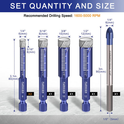 6 Pcs Diamond Drill Bit Set for Porcelain, Ceramic, Tile, Glass, Granite, Concrete, Masonry, Stone, Hex Shank Tile Drill Bits, Premium Industrial Diamond Grit, for Efficient Precise Drilling